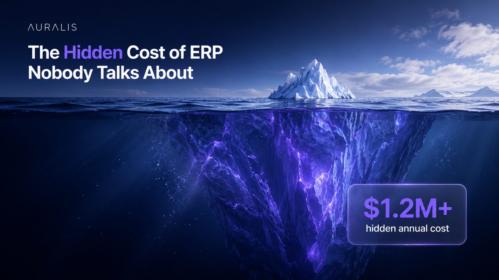 Iceberg metaphor showing the small visible cost of ERP above water and the vast hidden support burden below, with a $1.2M+ hidden annual cost, illustrating the hidden cost of ERP