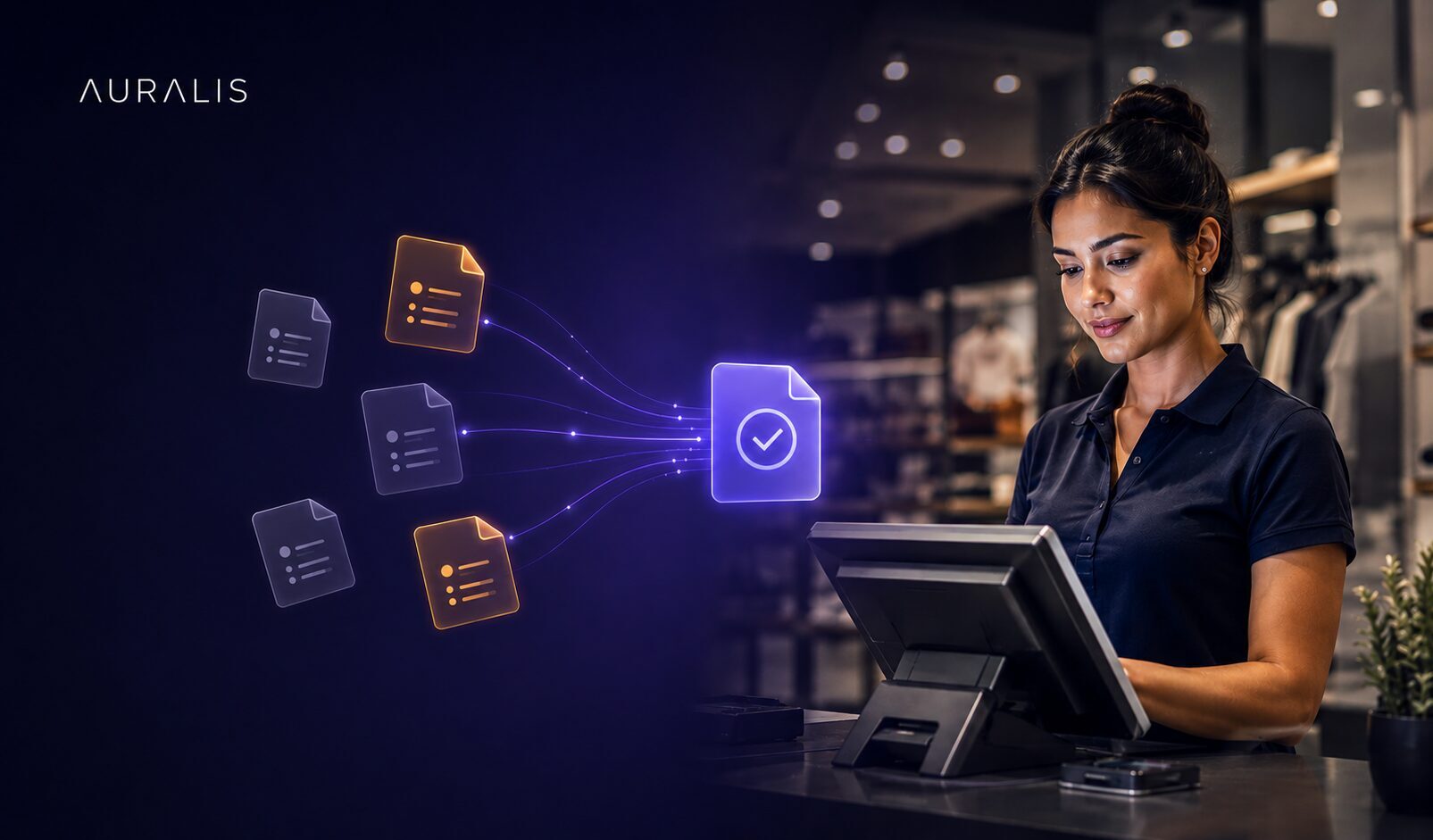 Retail associate at a POS terminal beside a graphic of scattered, conflicting documents converging into one unified source of truth, representing retail POS documentation unification